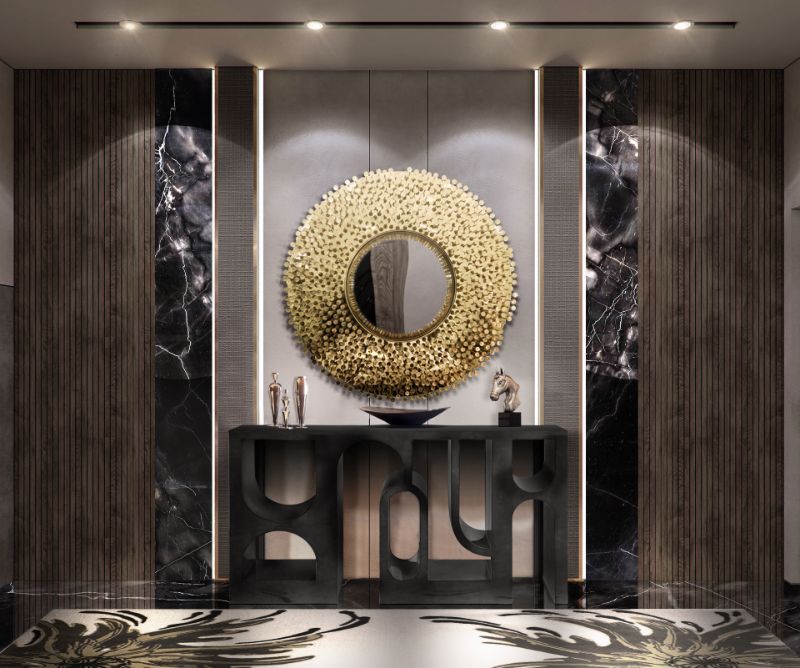 Modern Entryway Ideas For A Slick And Stylish Entrance For Your Home with green area rug and round mirror