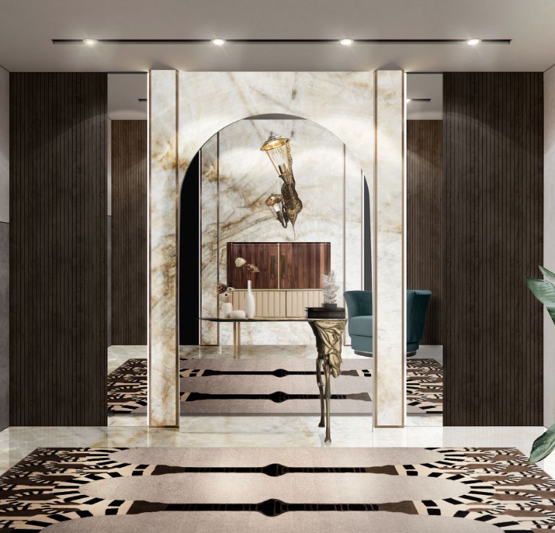A strong and powerful rug that is the center of attention in this modern interior design hallway.
