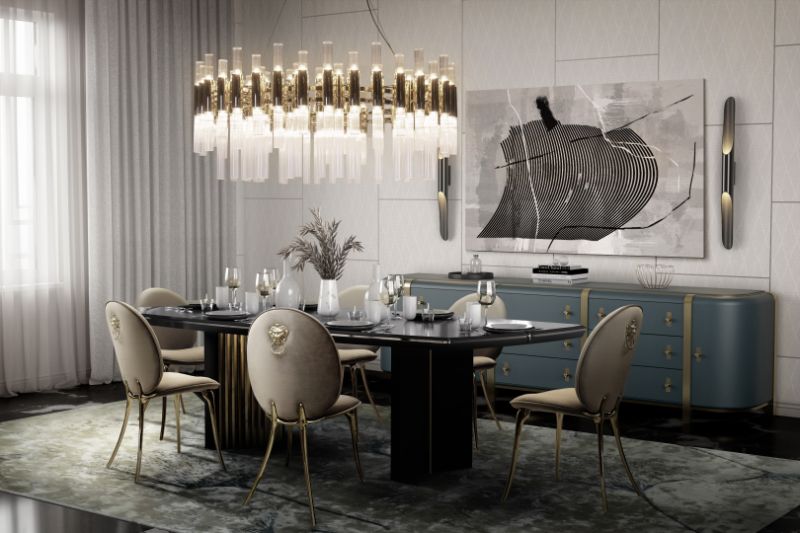 neutral area rugs for luxurious neoclassic dining room decor with gray area rug and round pendant lighting.