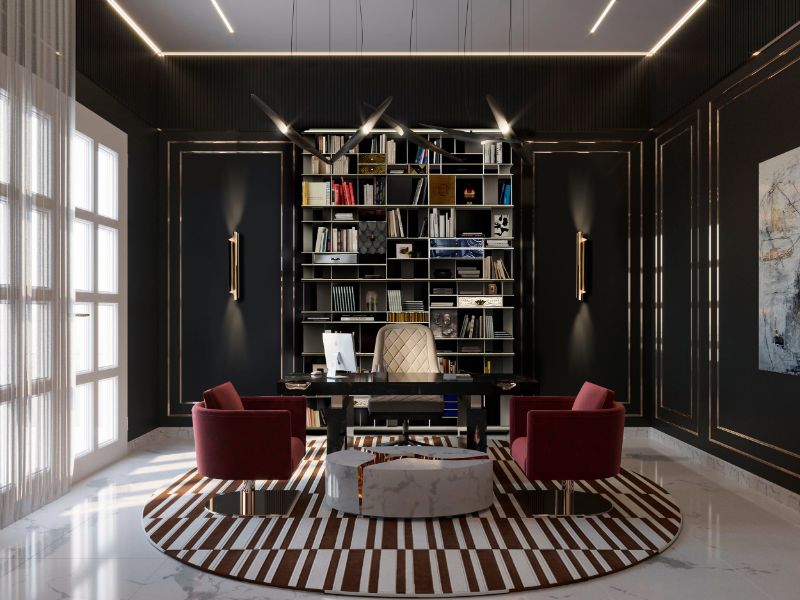 ideas for home office decor: clean design and monochrome color palette, this home office makes a difference. The MILA RUG paired with the marbled center table makes the interior look opulent