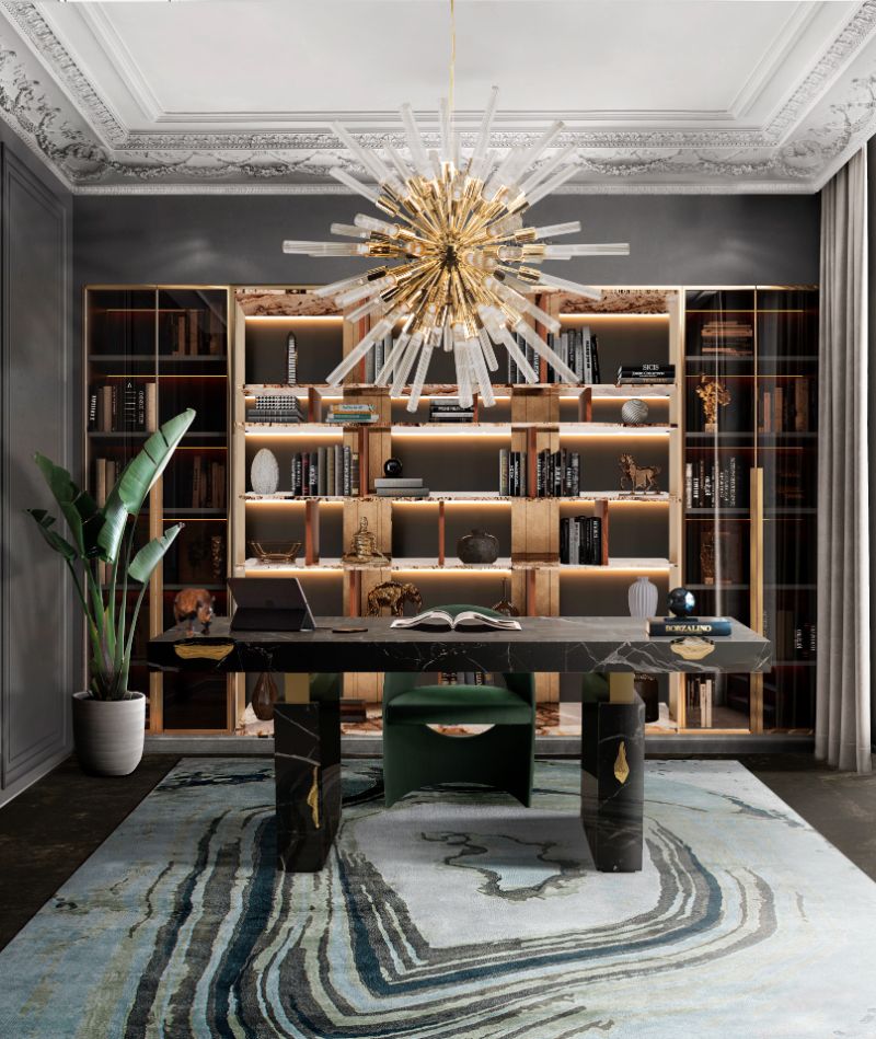 ideas for home office decor: polished but pleasant environment in this office because of the color palette used for this modern home office. The blue and gray hues of the AGATHA RUG