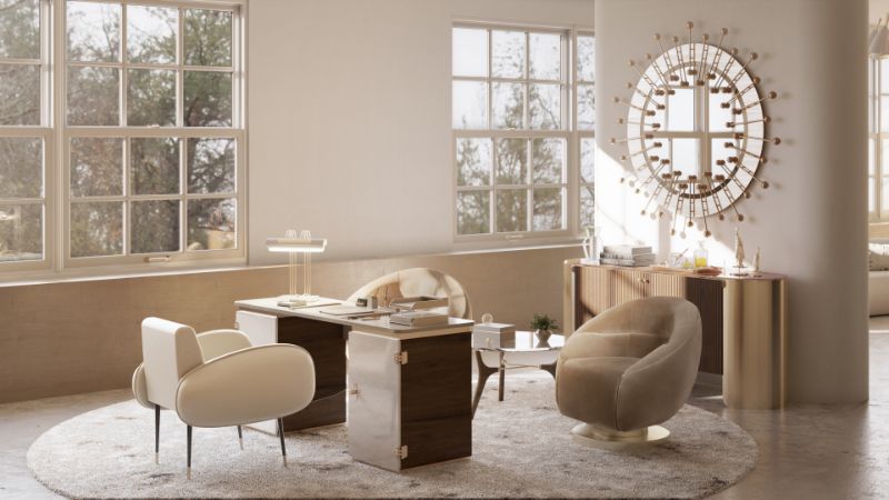 ideas for home office decor: soft neutral tones is a current trend in interior design, a timeless trend that blends with any style, from bold to relaxed and comfortable. The fluffy OSLO RUG adds warmth