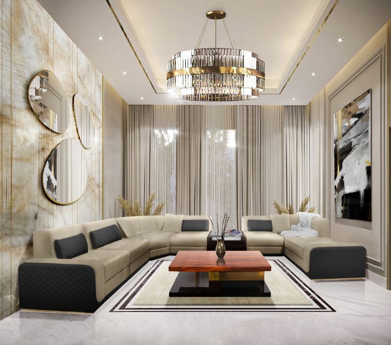 feng shui living room with neutral hues and beige area rug with center table made of wood and velvet sofa