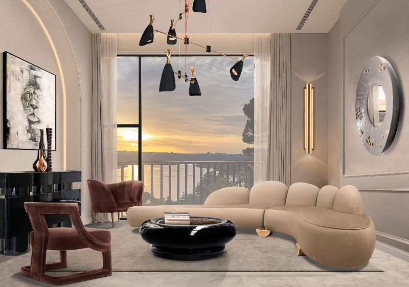 feng shui living room with curved sofa and gray area rug