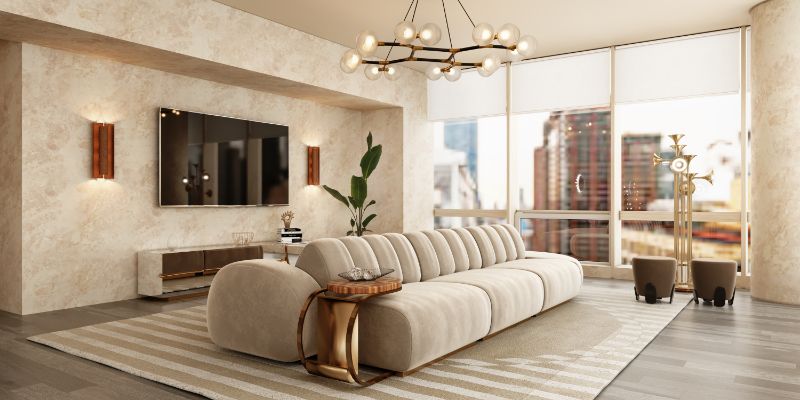 feng shui living room: neutral living room decor with geometric rug in neutral tones.