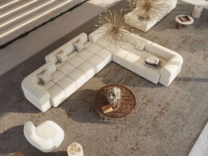 feng shui living room: minimalist living room design with gray aurg and white modular sofa