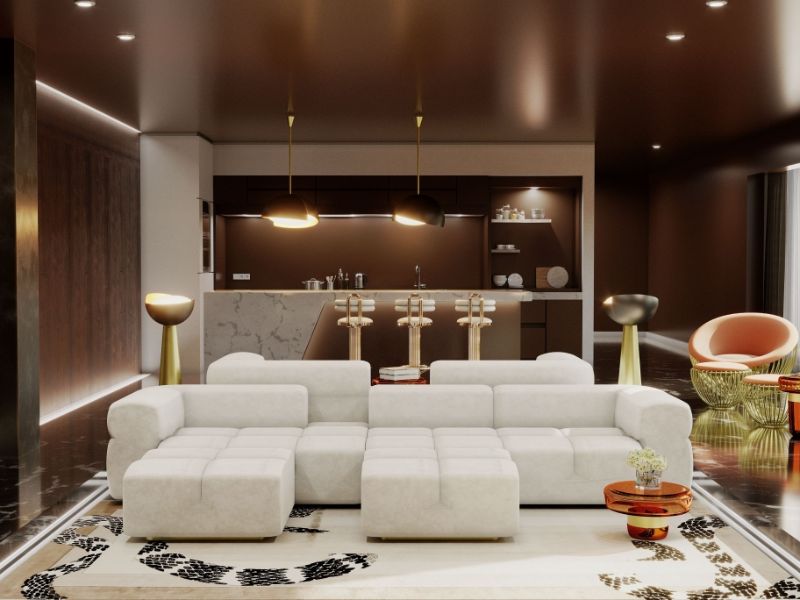 feng shui living room with classic beige rug and modular sofa with mid century elements
