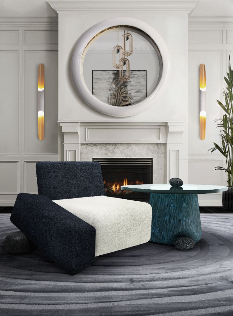 feng shui living room with blue rug and armchair for a stylish modern contemporary design