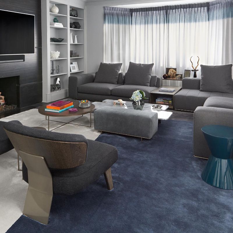 Maxine Tissenbaum And The Art of Bespoke Interior Designs. Contemporary living room with blue rug.