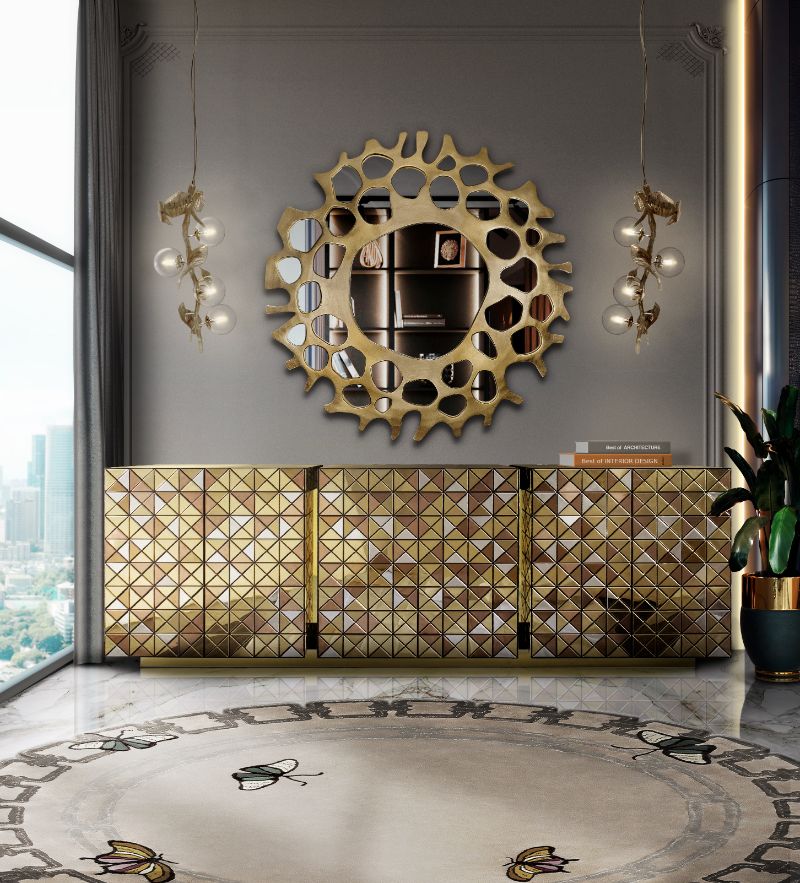 Luxurious hallway decor with The METAMORPHOSIS RUG is a versatile beautiful round rug. The light colorful details of the butterflies transform this room into a more inviting and cozy ambiance.