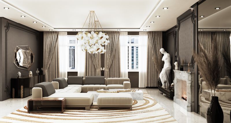 modern rugs: neutral interior design with area rug for contemporary living room