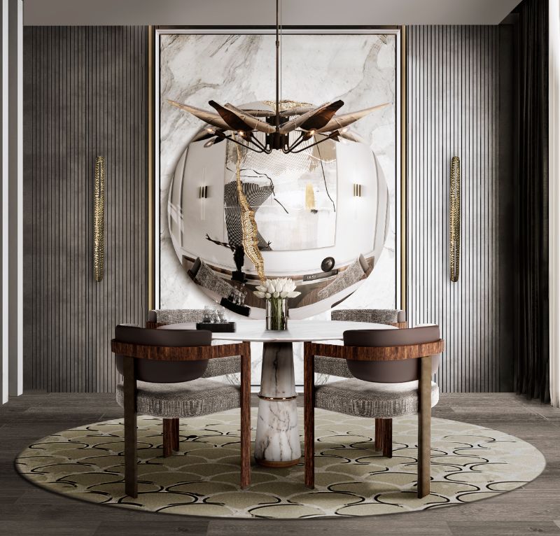 rug ideas: neutral color dining room decor with round rug