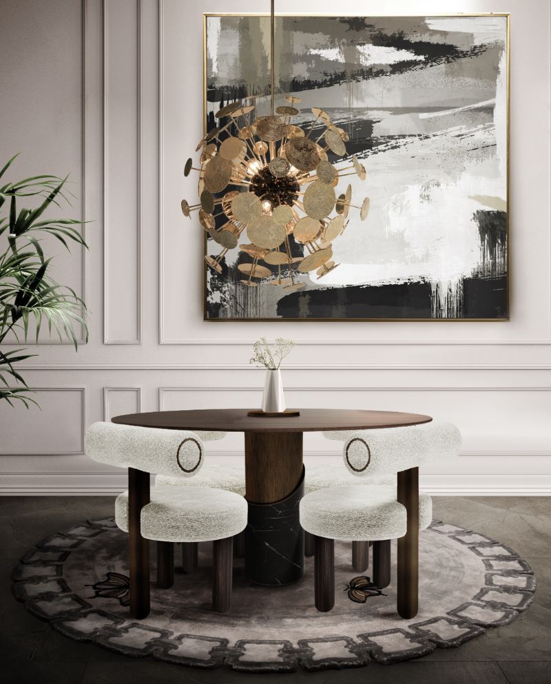rug ideas: contemporary small dining room with gray round rug and white dining chairs