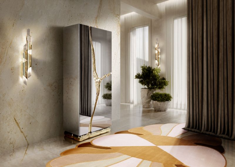 home decor ideas: The MERMAID RUG shines for its soft warm hues and complements the golden accents from the wall lighting and cabinet. It is one of our favorite home decor ideas.