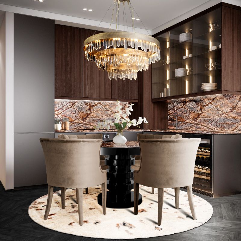 home decor ideas: open space dining room with round oslo rug and contemporary dining chairs with marbled table and chandelier