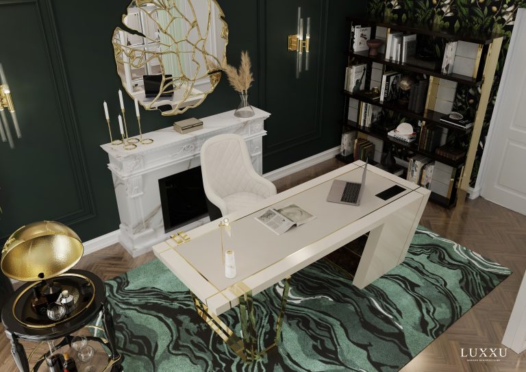 modern office with green rug and white desk. Luxurious Apartments Interior Design Ideas With Contemporary Rugs
