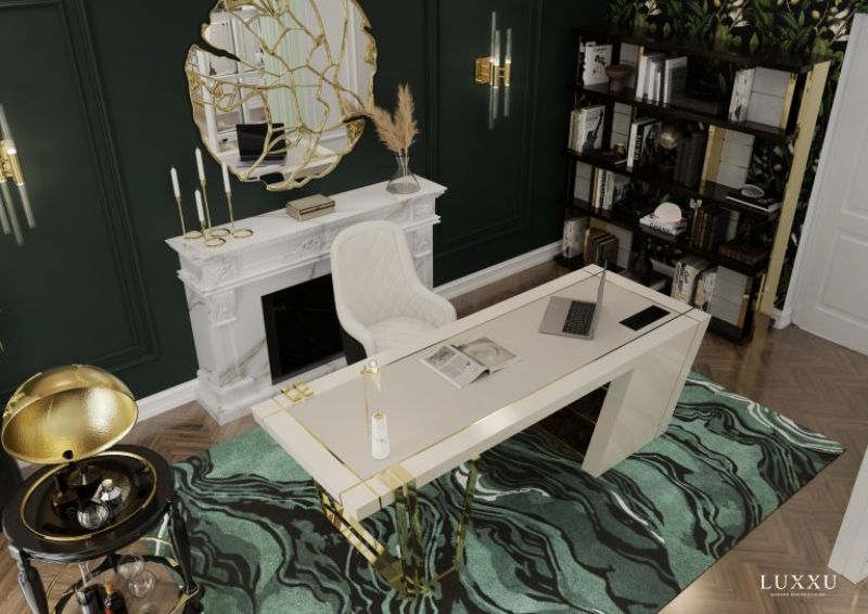 Luxurious Interior Home Decor Ideas. Home office decro with green rug and white desk