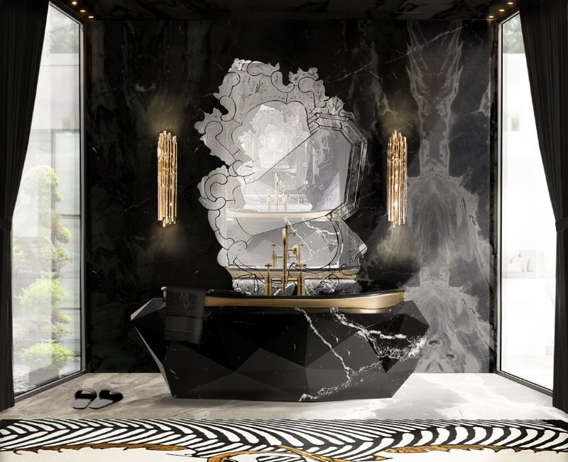 black and white marble bathroom with couple rug and diamind bathtub