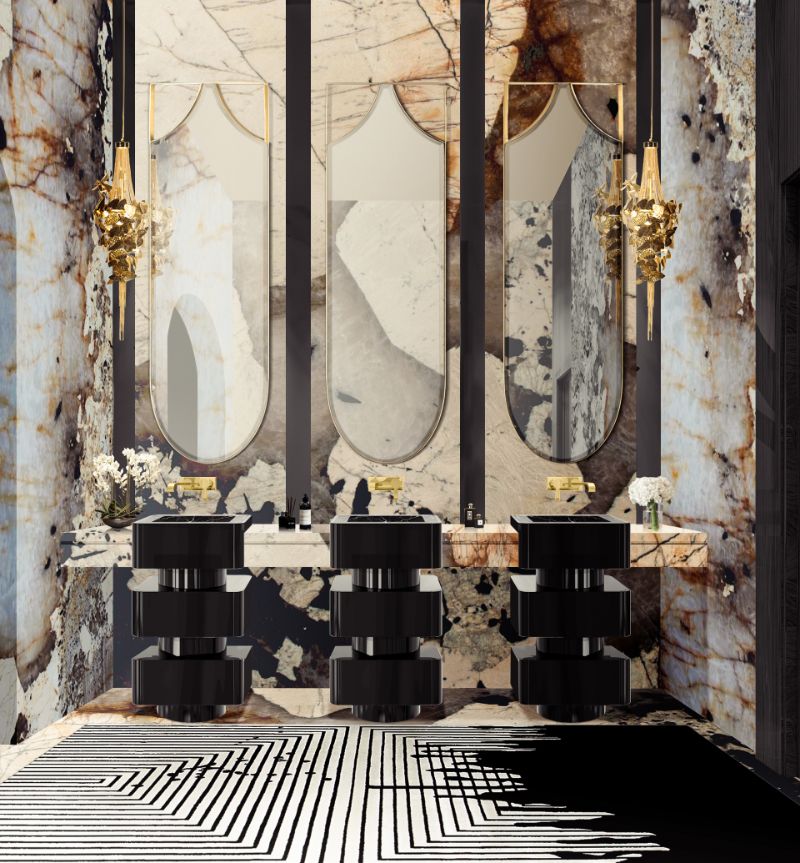 black and white marble bathroom with black and white wool rug