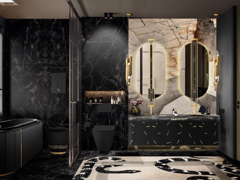This tasteful bathroom design welcomes guests into your home and helps them feel at home. The NAZCA Suspension Cabinet's matte walnut root veneer construction and marble sink will bring distinctive appeal to your modern bathroom design. The Imperial Snake Rug shines in this ambiance with its light color.  black and white marble