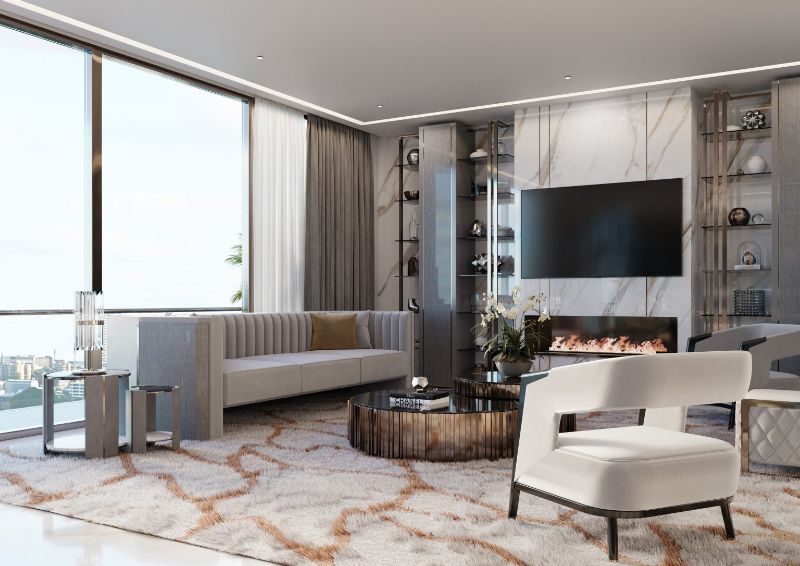 Luxurious Apartments Interior Design Ideas With Contemporary Rugs. contemporary living room with cell rug and modern sofa