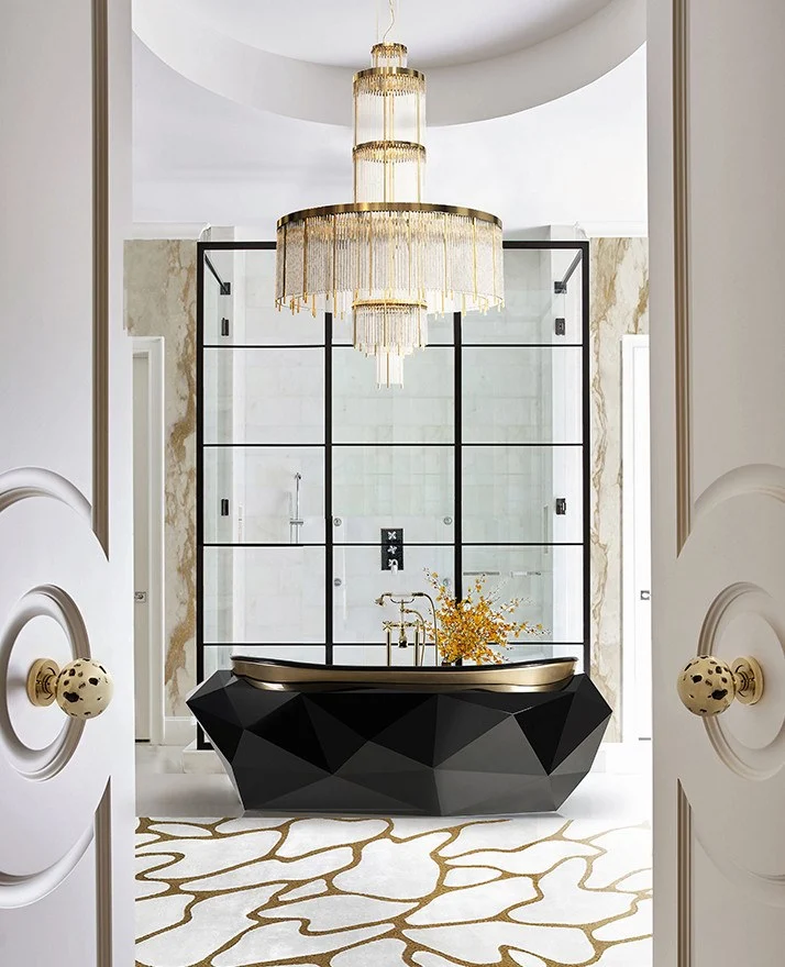 Luxurious Interior Home Decor Ideas. Luxurious modern contemproary bathroom decor with area rug and golden chandelier
