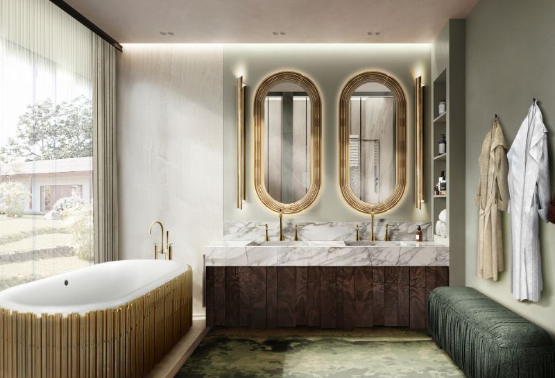 Rug Trends To Look Out For In 2023 with green hues. Bathroom elegant decor with golden features