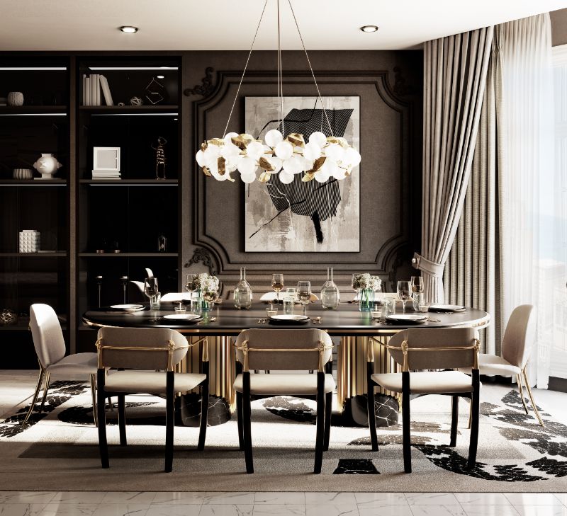 opulent dining room decor with beige rug with a snake design. Rug Trends To Look Out For In 2023