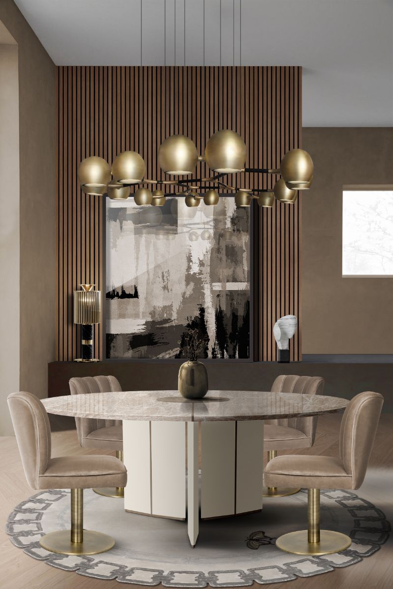 contemporary dining room with soft pastel and neutral hues with round rug and dining table as modern dining chairs. Rug Trends To Look Out For In 2023