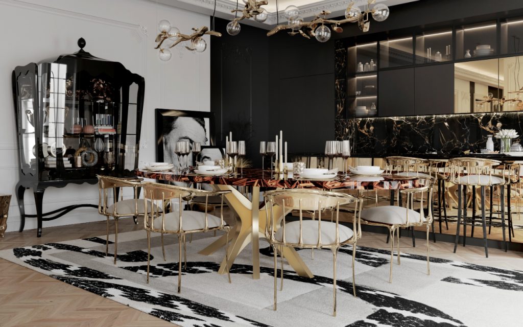 The Best Round Dining Table Sets To Pair With A Round Rug. Luxury dining talble with goldem features and neutral rug