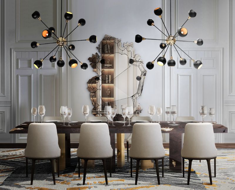 modern contemporary dining room with gray and gold rugs. The Best Round Dining Table Sets To Pair With A Round Rug