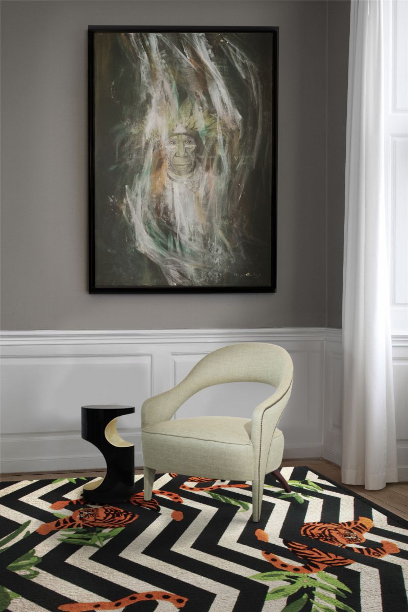Modern rug for living room corner with a striped black and white rug and a touch of color with a tiger and floral pattern Modern Rugs For A Chic and Timeless Decor