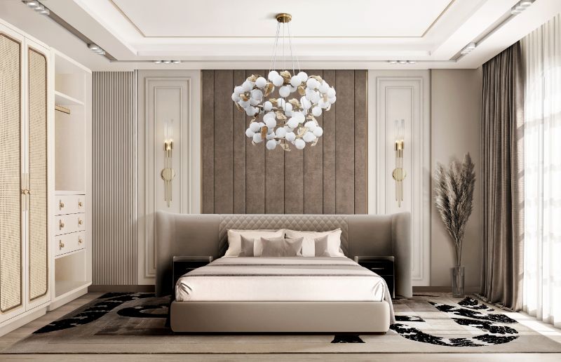 modern classic master bedroom in neutral tones with the Imperial Snake Rug, a neutral modern rug that has a snake design that is very detailed. Modern Rugs For A Chic and Timeless Decor