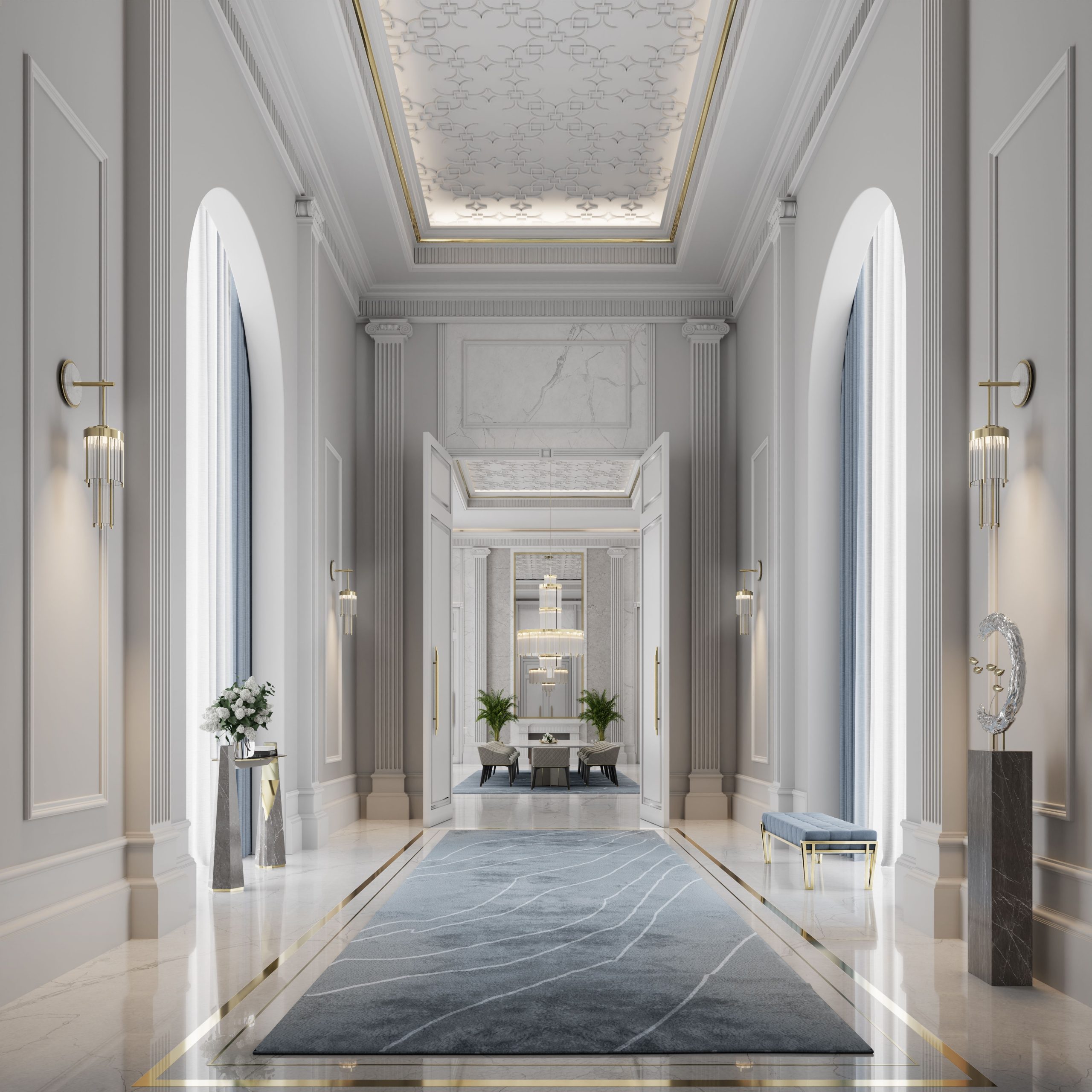 Luxurious hotel hallway with Warao Rug - The Best Modern Rugs To Create a Unique Hotel Decor