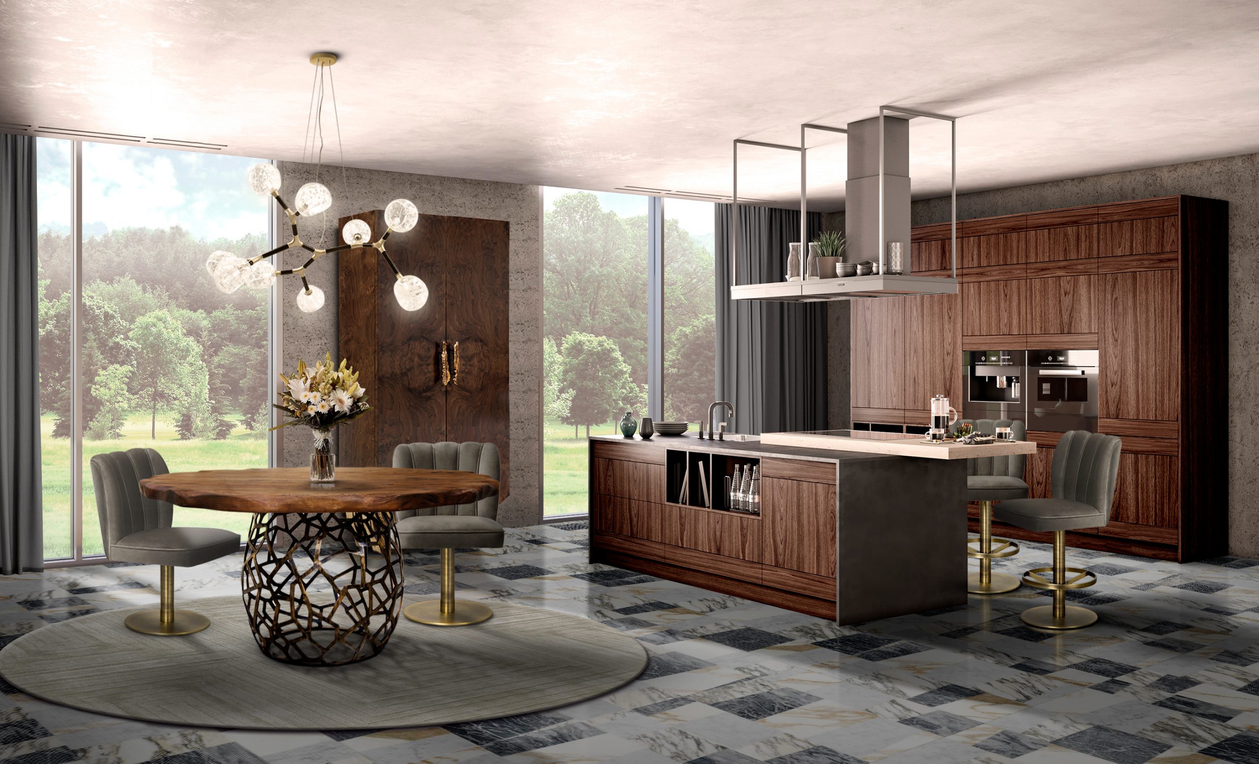 Modern and open Kitchen design with round white garden rug - Explore extraordinary design with Signe Furniture