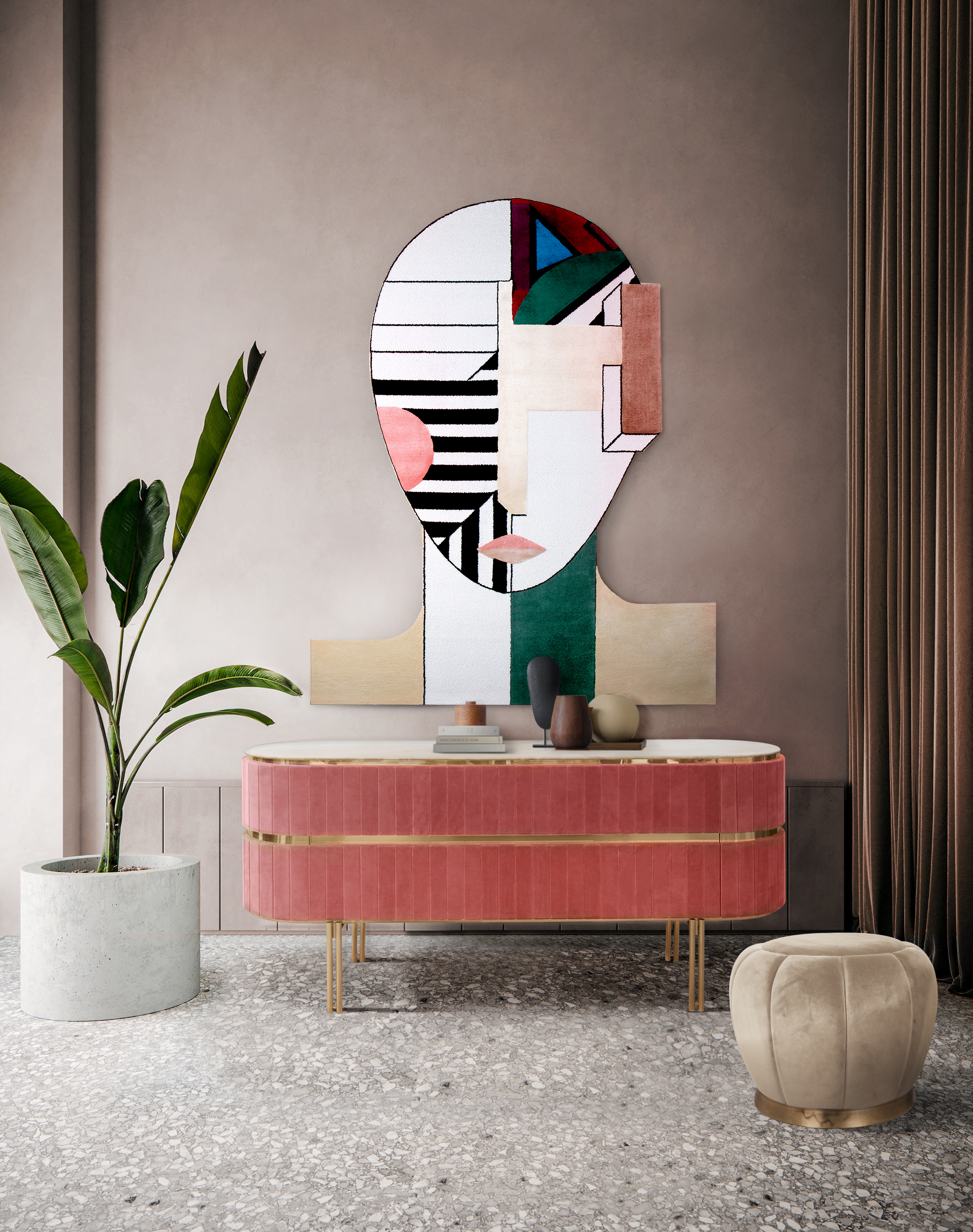Modern Contemporary hallway design with Orcar Rug on the wall - Barbie-Inspired Interiors With Contemporary Rugs