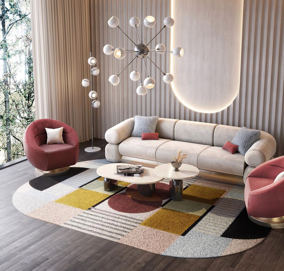 Colorful living room with geomettric Isaac Rug - Barbie-Inspired Interiors With Contemporary Rugs