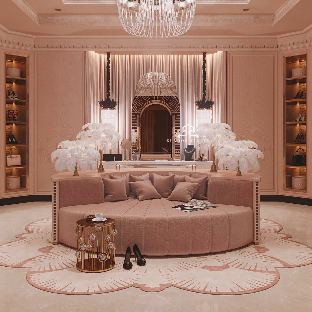 luxurious closet design with pink tones and Deco Rug - Barbie-Inspired Interiors With Contemporary Rugs