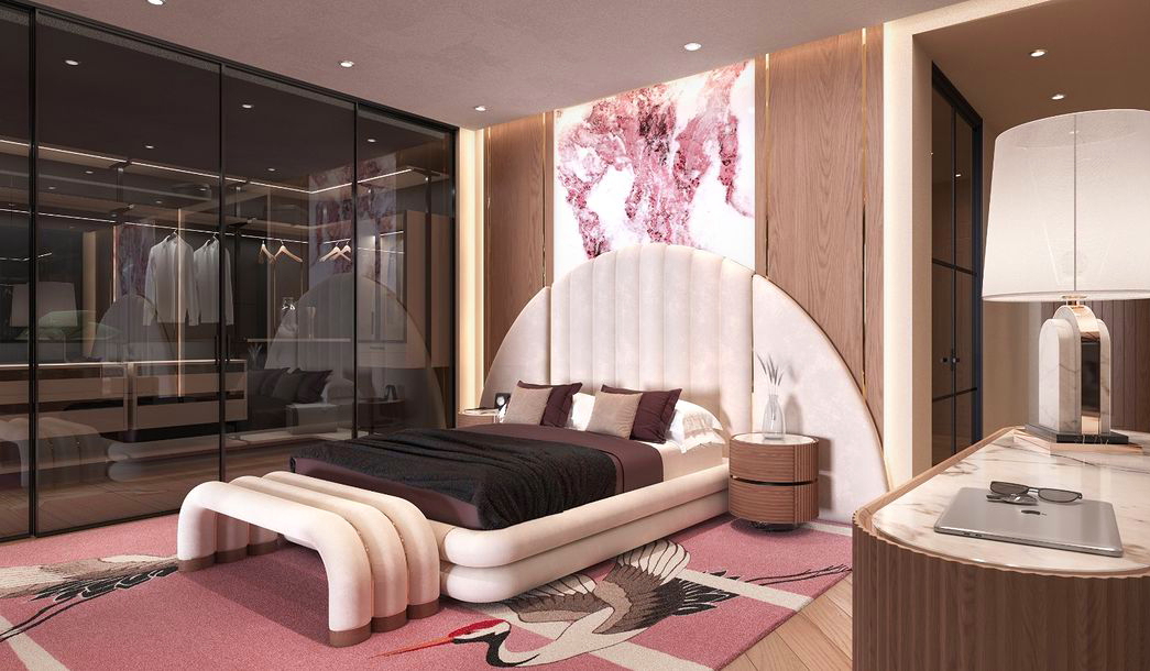 Modern bedroom design by Greg Natale with pink Heron Rug - Barbie-Inspired Interiors With Contemporary Rugs