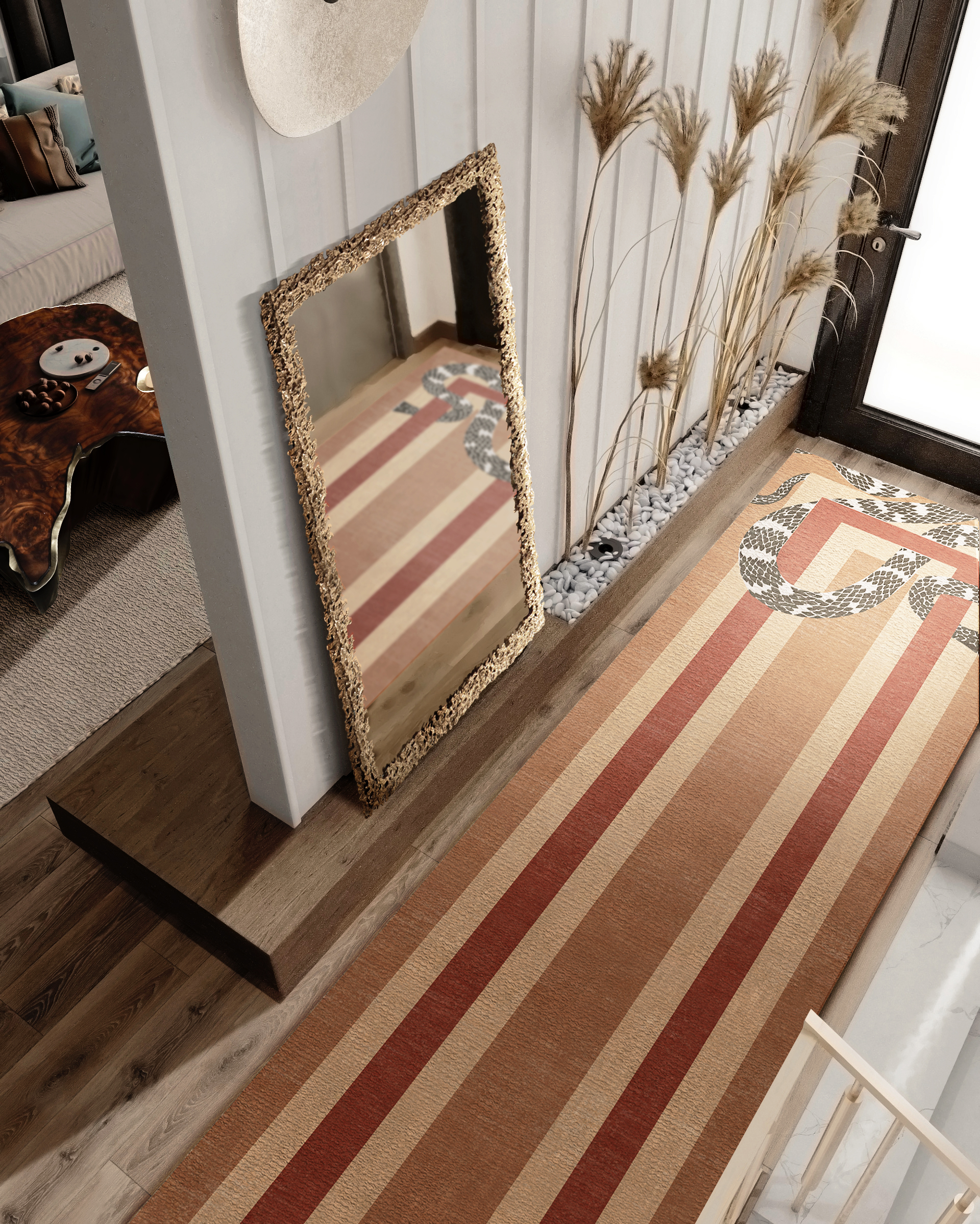 Modern hallway design with Imperial Snake II Rug with warm tones - Hallway Design Ideas With The Most Stylish Rugs