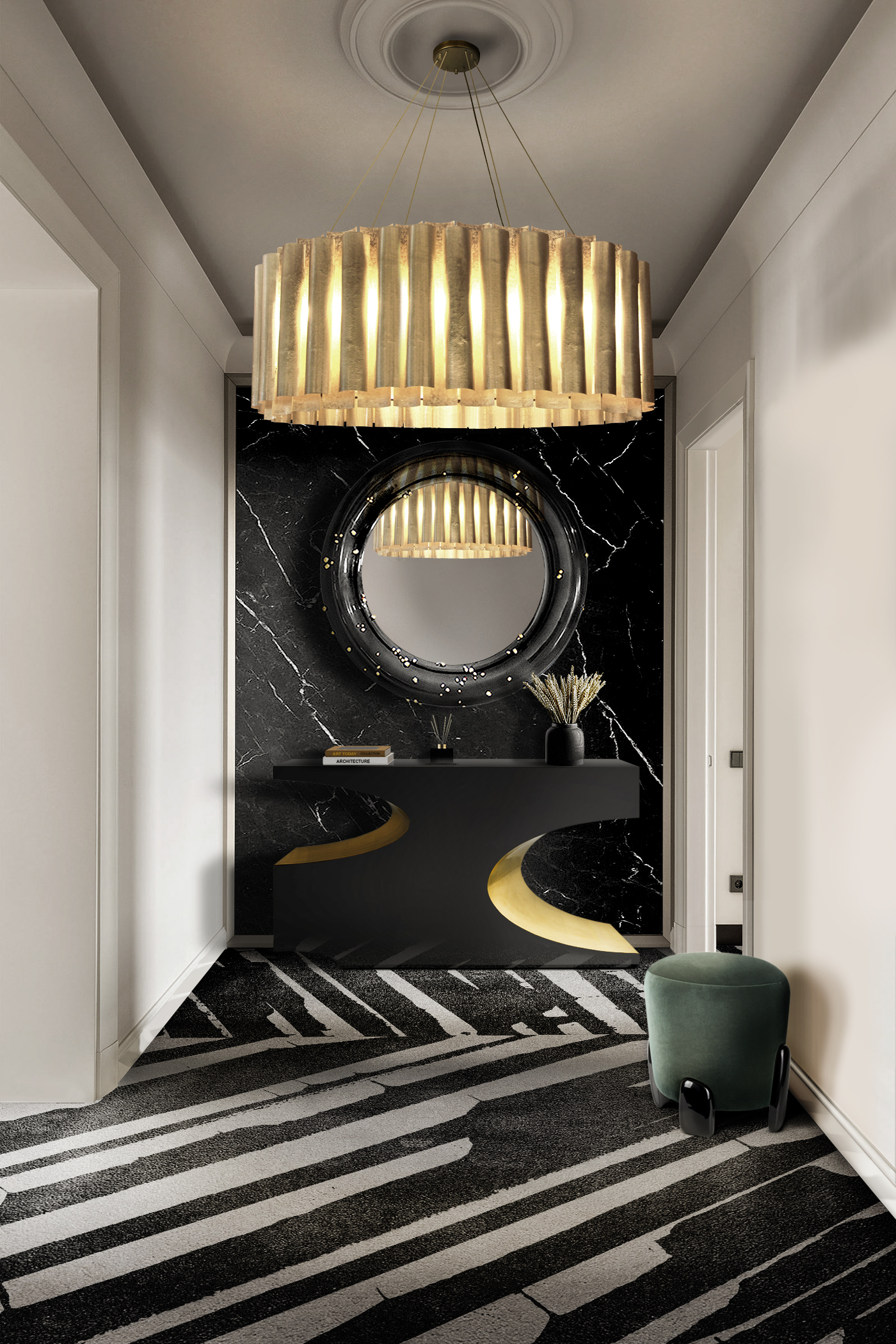 Modern hallway design with black and white rug - Hallway Design Ideas With The Most Stylish Rugs