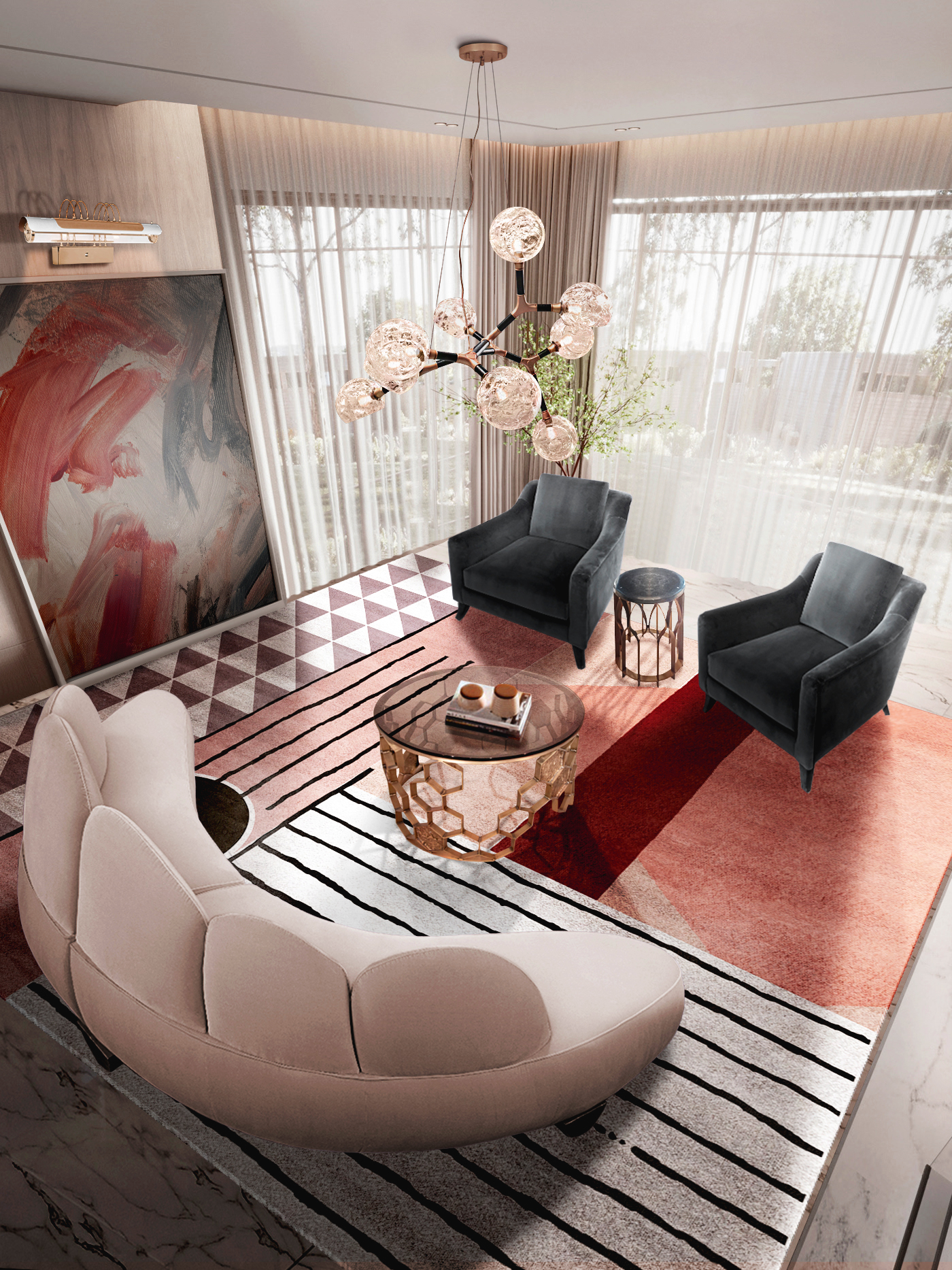 Modern living room design wth pink tones and Simba Square Rug - Barbie-Inspired Interiors With Contemporary Rugs
