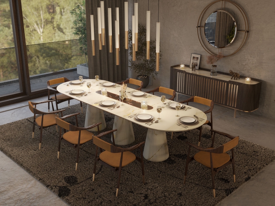 Modern Dinning Room design with warm tones and Poopy Rug by Rug'Society - WDG - Masters Of Architecture, Planning, and Interior Design