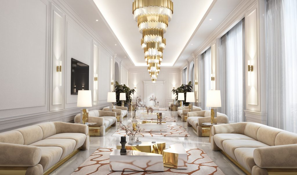 Bright Luxuriours living room design with white and gold details - Ingrao Inc.: Refinement, Quality and Uniqueness