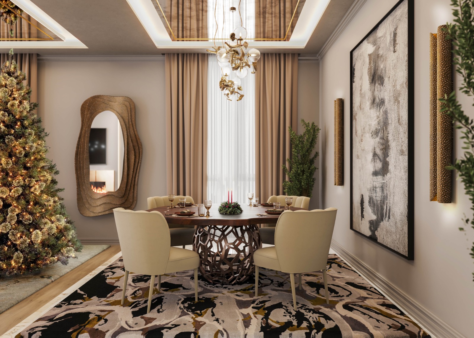 Luxurious and contemporary dining room design with earth tones and Madeira Rug - Uncover Luxurious and Unique Christmas Decor Ideas