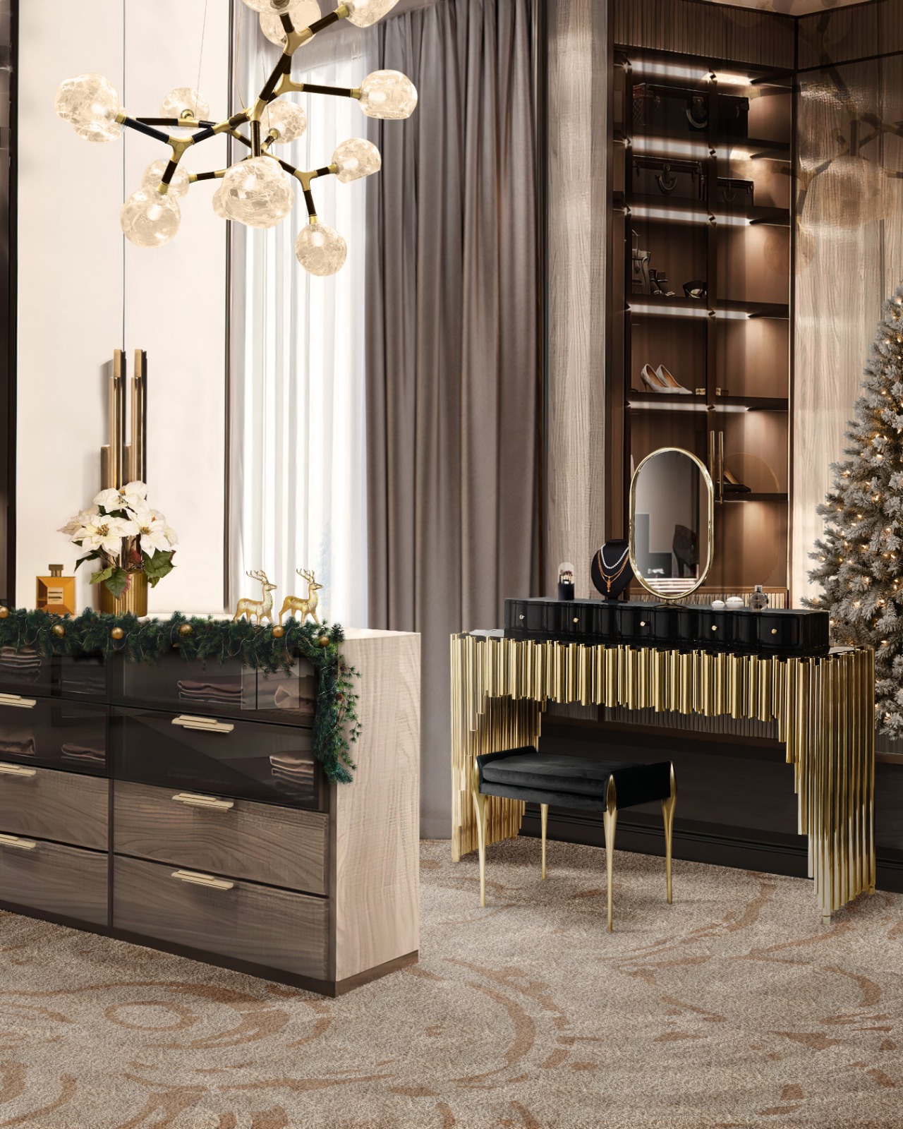 Luxurious dressing room design with Merfilus Square Rug - Uncover Luxurious and Unique Christmas Decor Ideas