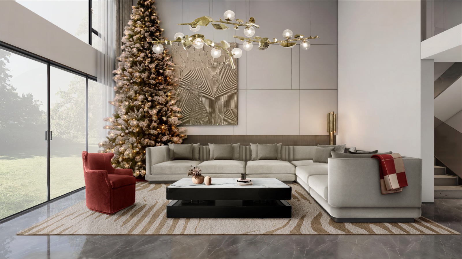 Modern and luxurious living room design with Kotta Rug - Uncover Luxurious and Unique Christmas Decor Ideas
