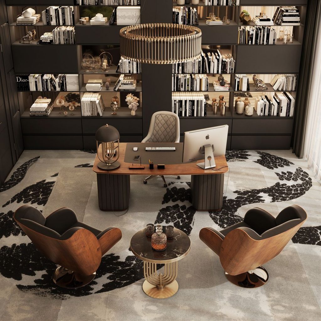 MID-CENTURY HOME OFFICE WITH THE GLAMOUROUS IMPERIAL SNAKE RUG - Discover Timeless Elegance With Exclusive Library and Office Design Ideas