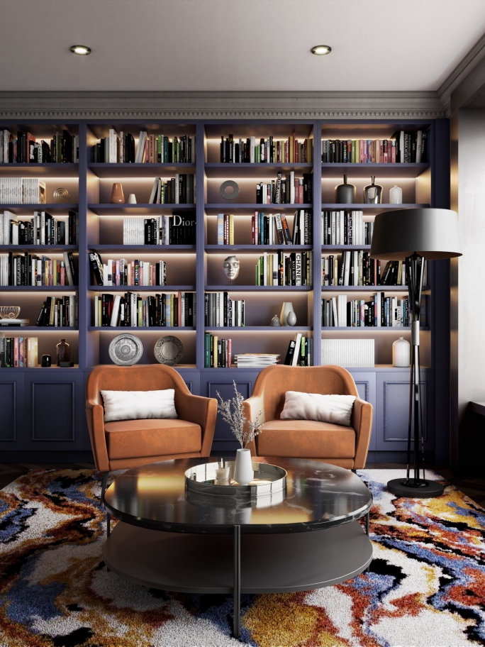 HOME LIBRARY WITH ORANGE DETAILS BY THE LA LAND RUG DESIGN - Discover Timeless Elegance With Exclusive Library and Office Design Ideas