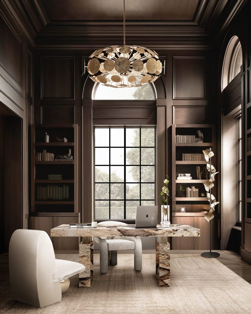 ELEGANT AND MODERN OFFICE WITH WHITE GARDEN RUG - Discover Timeless Elegance With Exclusive Library and Office Design Ideas